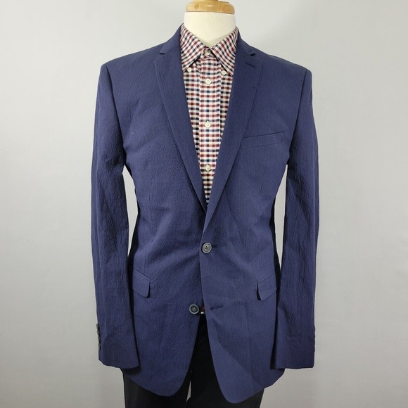 Bar III Men's Sport Coat Blazer Two‎ Button Navy Striped Seersucker Slim Fit 40L - Picture 1 of 11